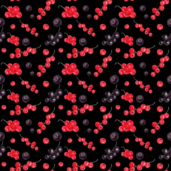 Akvarell Sömlösa Mönster Röda Och Svarta Vinbär Bär Isolerade Svart — Stockfoto