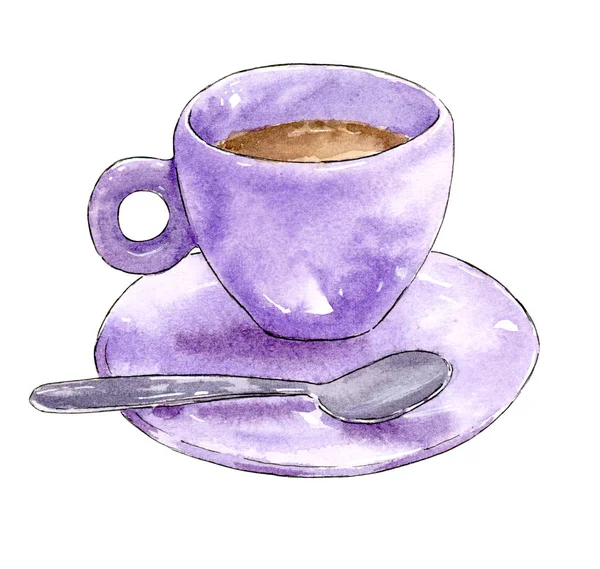 Purple Color Cup Black Coffee Hot Chocolate Hand Drawn Watercolor — Stock Photo, Image