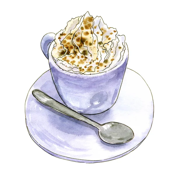 Šálek Cappuccino Ručně Tažené Akvarel Ilustrace — Stock fotografie