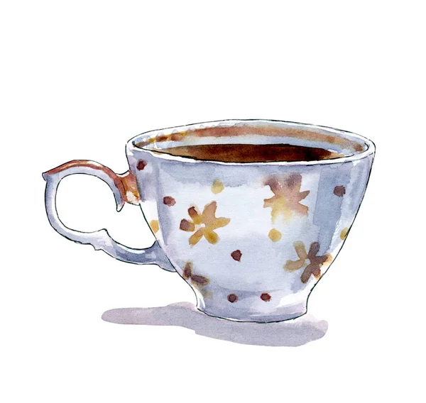 Copo Porcelana Com Flores Douradas Café Preto Chocolate Quente Ilustração — Fotografia de Stock