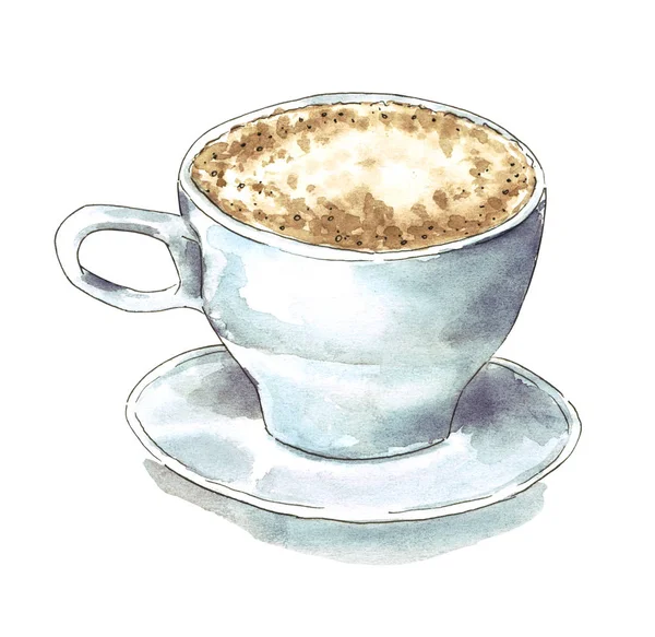 Une Tasse Bleue Cappuccino Illustration Aquarelle Dessinée Main — Photo