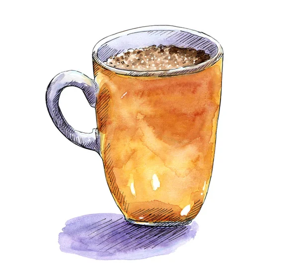 Cappuccino Tazza Arancione Disegno Acquerello Disegnato Mano — Foto Stock
