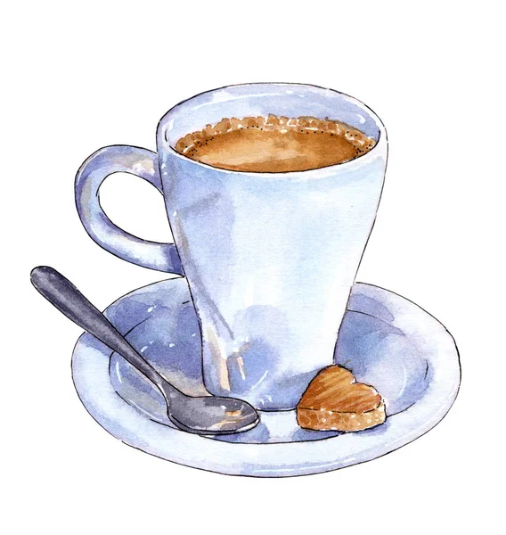 Uma Xícara Cappuccino Copo Branco Azul Com Biscoito Forma Coração — Fotografia de Stock