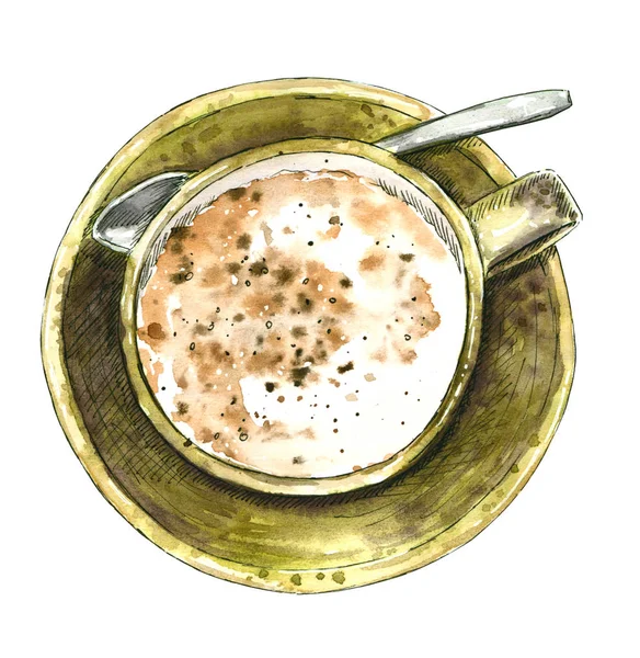 Uma Xícara Verde Cappuccino Com Uma Colher Ilustração Aquarela Desenhada — Fotografia de Stock