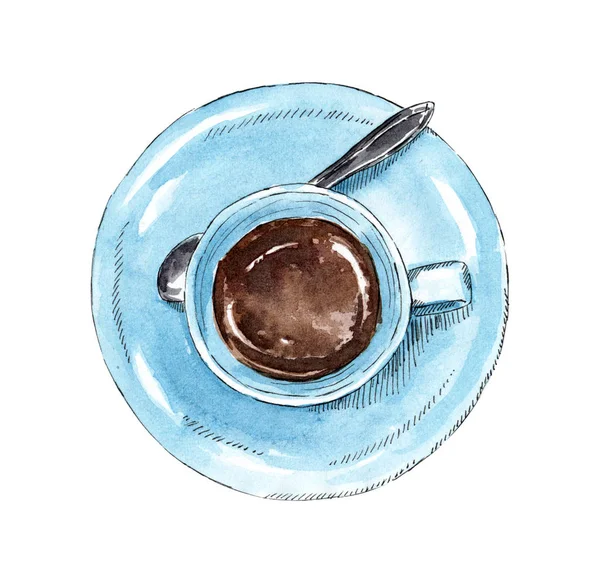 Taza Color Azul Celeste Brillante Café Chocolate Caliente Ilustración Acuarela —  Fotos de Stock