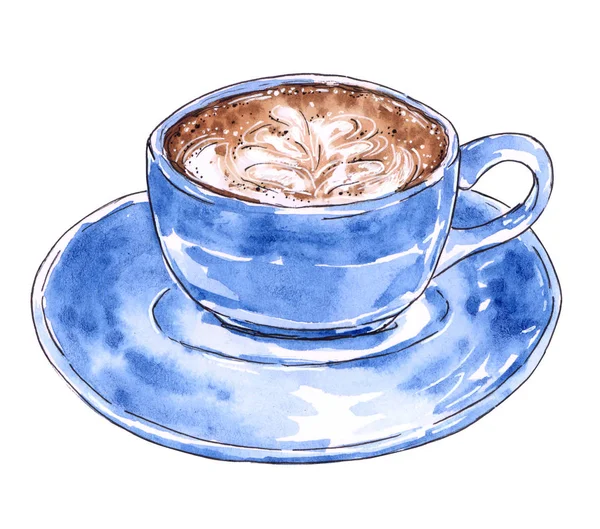 Tazza Blu Caffè Cioccolata Calda Disegno Acquerello Disegnato Mano Con — Foto Stock