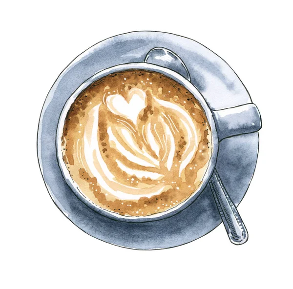 Чашка Кофе Горячего Шоколада Голубого Цвета Акварельная Иллюстрация Сердцем Посередине — стоковое фото