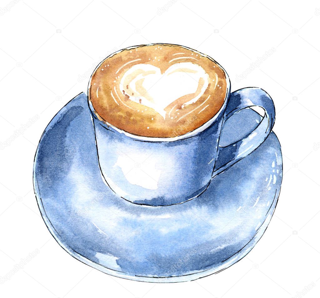 Blue color cup of coffee or hot chocolate, hand drawn watercolor illustration with a heart in the middle, view from side