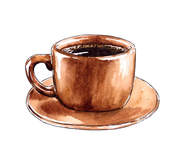 Brown Color Cup Black Coffee Hot Chocolate Hand Drawn Watercolor — Stock Photo, Image