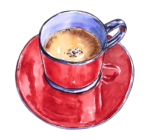 Une Tasse Café Noir Chocolat Chaud Couleur Rouge Illustration Aquarelle — Photo