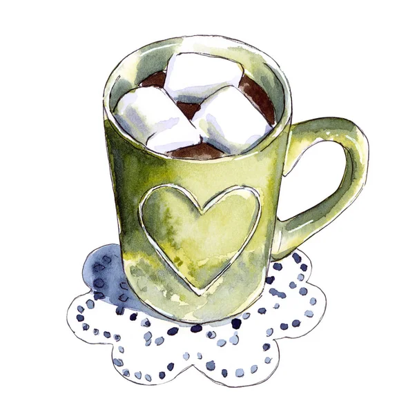 Tazza Caffè Nero Colore Verde Cioccolata Calda Con Marshmallow Illustrazione — Foto Stock
