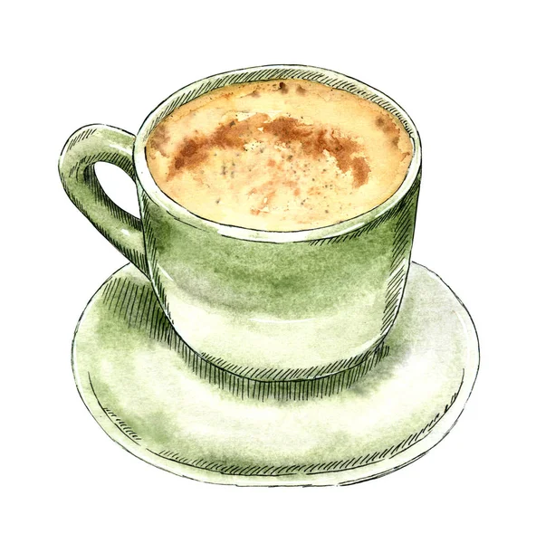 Copo Cor Verde Café Chocolate Quente Ilustração Aquarela Desenhada Mão — Fotografia de Stock