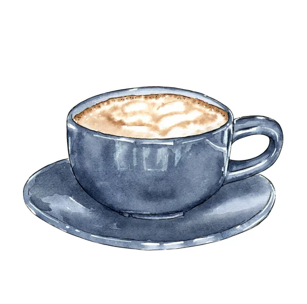 Ceașcă Culoare Albastră Cafea Sau Ciocolată Caldă Ilustrație Acuarelă Desenată — Fotografie, imagine de stoc