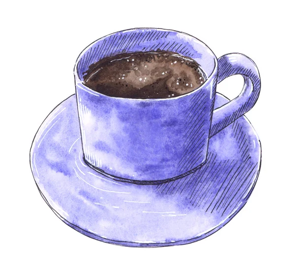 Modrá Barva Šálek Kávy Nebo Horké Čokolády Ručně Tažené Akvarel — Stock fotografie