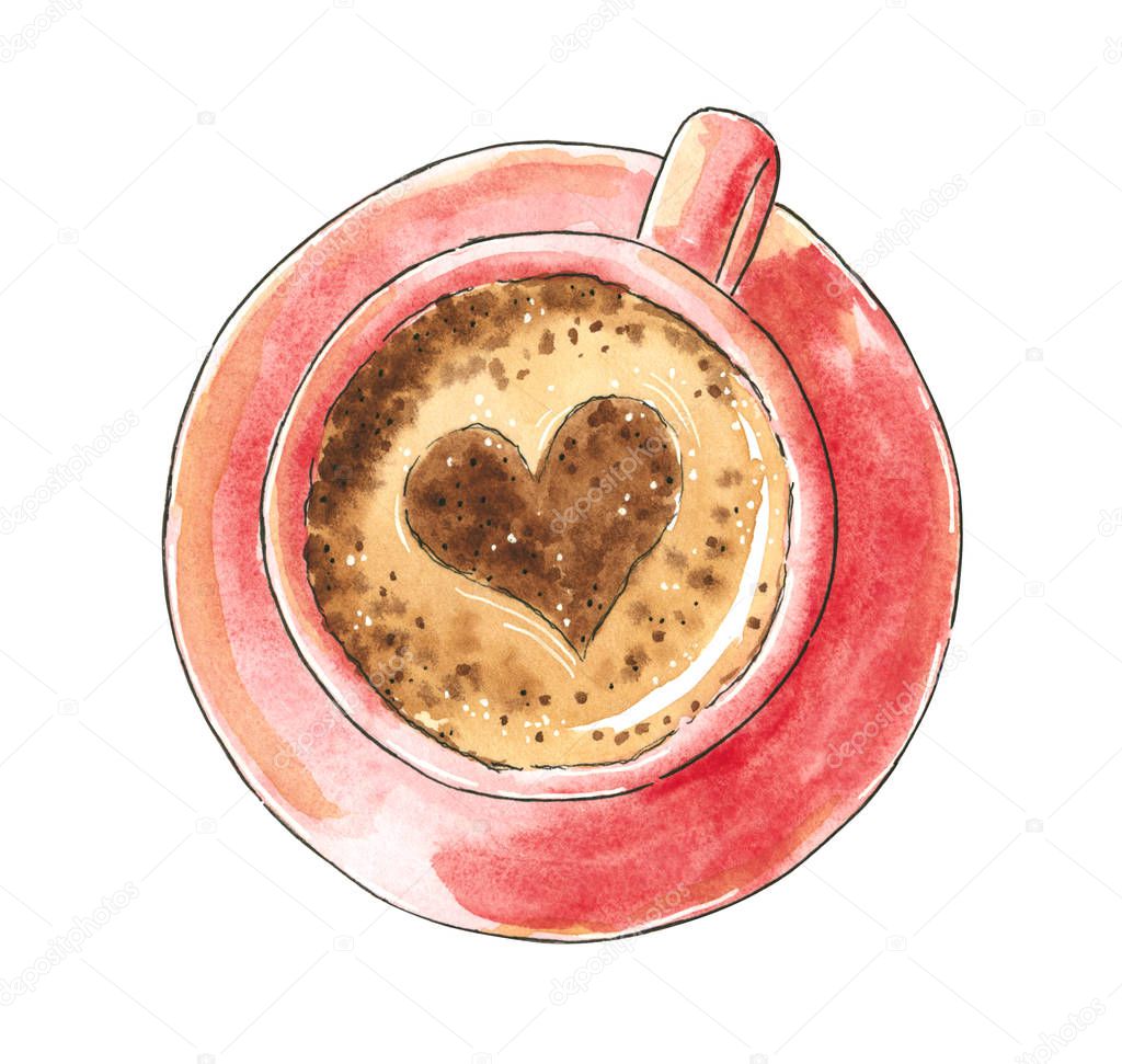 A red-color cup of black coffee or hot chocolate, hand drawn watercolor illustration with a heart in the middle, view from above