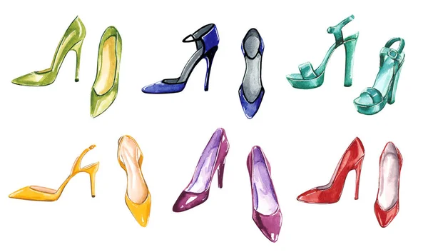 Handgezeichnete Aquarell Modeillustration Cliparts Isoliert Auf Weiß Elegante High Heel — Stockfoto