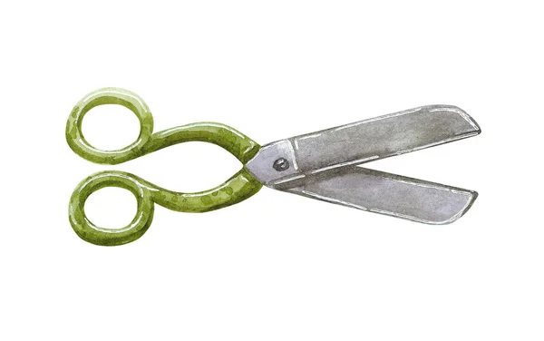 Big Green Garden Scissors Hand Drawn Watercolor Illustration Isolated White — Stock Photo, Image