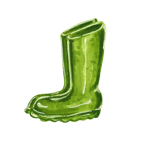 Green Garden Rubber Boots Hand Drawn Watercolor Illustration Isolated White — Stock Photo, Image