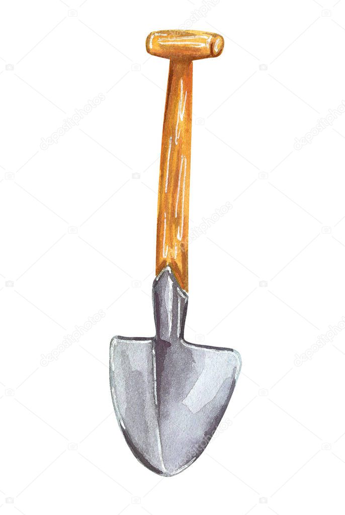 Gardening shovel, hand drawn watercolor illustration isolated on white
