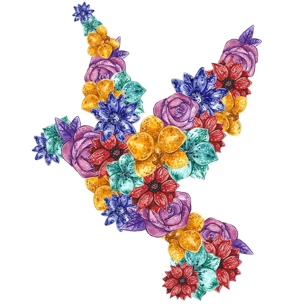 Floral silhouette of a pigeon bird, hand drawn watercolor illustration, made of flowers: orchid, daisy, rose and passionflower in yellow, purple, blue, turquoise and red colors