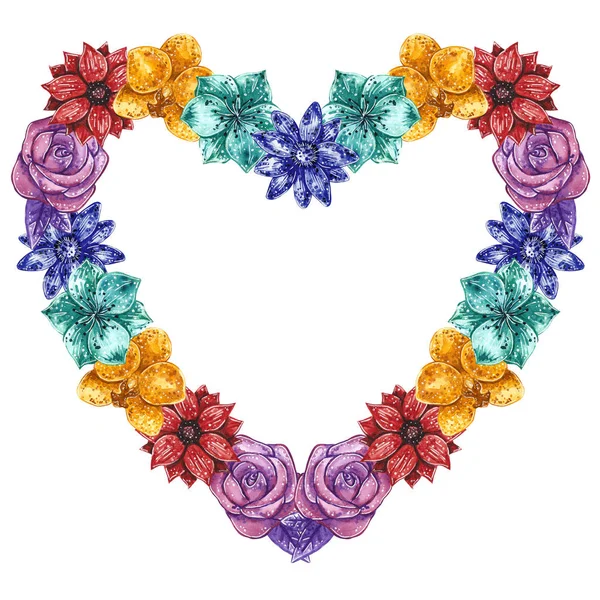 Στεφάνι Σχήμα Καρδιάς Από Λουλούδια Ορχιδέα Μαργαρίτα Τριαντάφυλλο Και Passionflower — Φωτογραφία Αρχείου