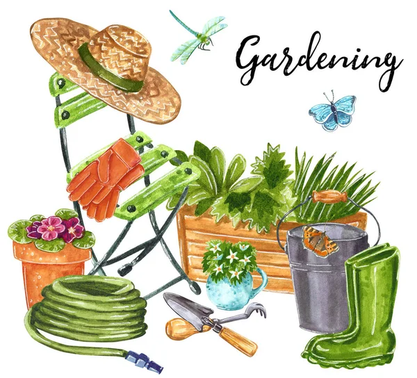 Vackra Tidigt Våren Trädgård Blommor Bukett Hink Hand Dras Akvarell — Stockfoto