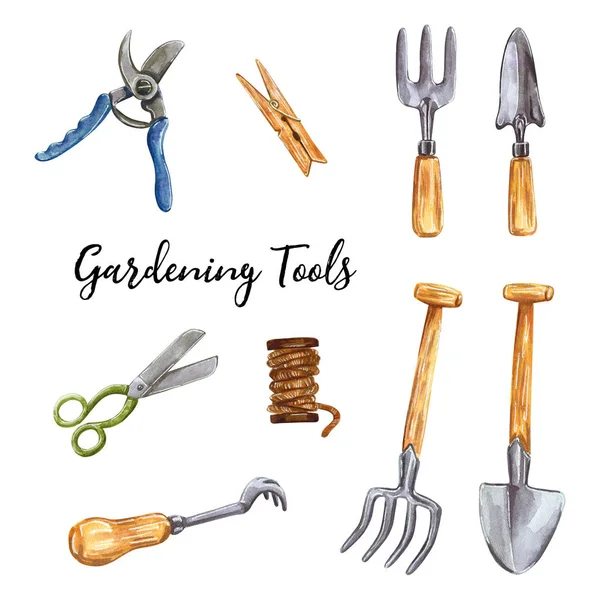 Gardening Tools Clip Art Set Hand Drawn Watercolor Illustration Isolated — Stock Photo, Image