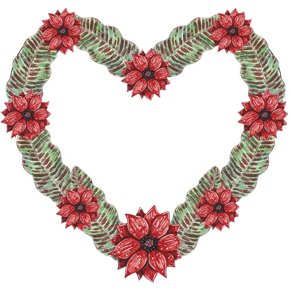 Grinalda Forma Coração Feita Passionflower Vermelho Folhas Exóticas Vermelhas Verdes — Fotografia de Stock