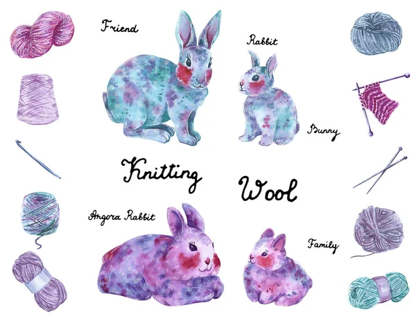 Mother rabbit and a child, blue, purple and pink colors, with a set of knitting elements, hand drawn watercolor illustration.