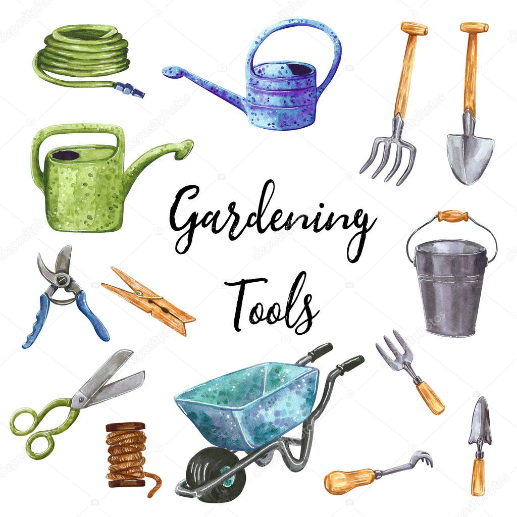 Gardening tools clip art set,  hand drawn watercolor illustration isolated on white