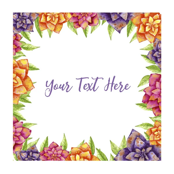 Bright colorful frame made of exotic tropical fantasy Dahlia flowers in pink, blue, purple, yellow colors with leaves. Hand drawn watercolor illustration.