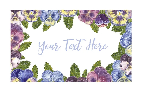 Heller Farbenfroher Rahmen Aus Viola Blüten Mit Blättern Handgezeichnete Aquarell — Stockfoto