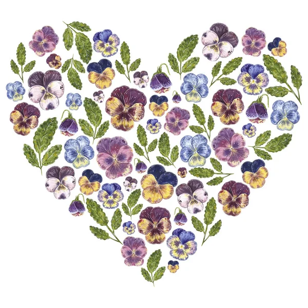 Forma Cuore Bouquet Disegno Acquerello Disegnato Mano Fatto Fiori Viola — Foto Stock