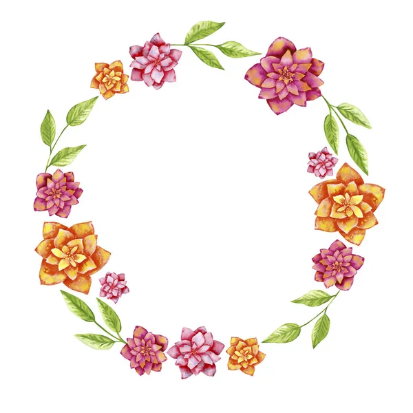 Grinalda Forma Redonda Ilustração Aquarela Desenhada Mão Feita Flores Tropicais — Fotografia de Stock