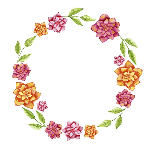 Round shaped wreath, hand drawn watercolor illustration, made of exotic tropical dahlia flowers in orange and pink colors