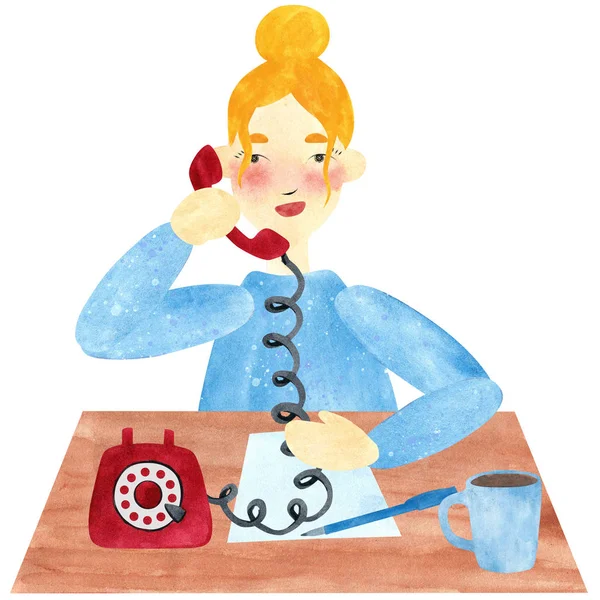 Ručně Kreslenou Akvarel Koláž Dívka Blond Vlasy Modrém Mluvil Telefonu — Stock fotografie