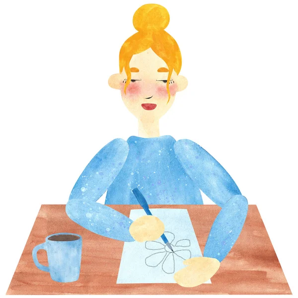 Ručně Tažené Akvarel Koláž Dívka Blond Vlasy Modrém Kreslení Relaxaci — Stock fotografie