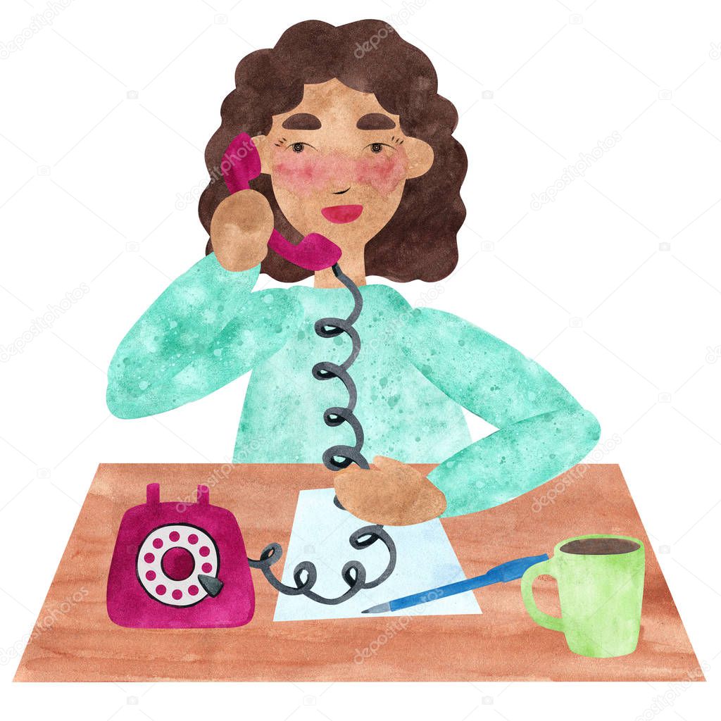 Hand drawn watercolor collage of a girl with dark curly hair in blue, talking on the phone. A secretary or student. Illustration for magazine or advertisement.