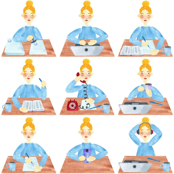 Hand drawn watercolor collage of a girl with blond hair in blue, set of office and university activities. A secretary or student. Illustration for magazine or advertisement.