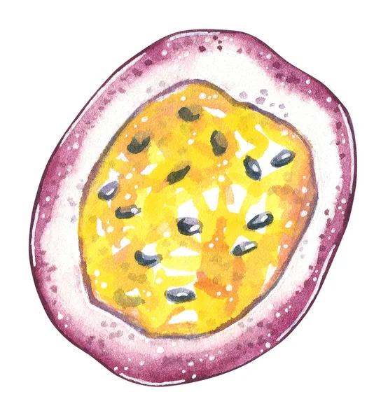 Passionfruit Opened Hand Drawn Watercolor Illustration Isolated White Cartoon Style — Stock Photo, Image