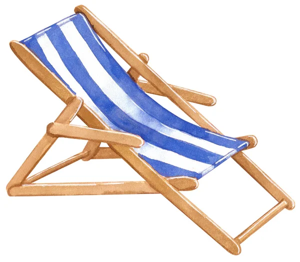 Голубой Белый Полосатый Деревянный Пляжный Шезлонг Акварельная Иллюстрация Выделенная Белым — стоковое фото