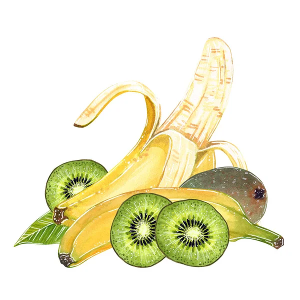 Bananen Und Kiwi Illustration Für Marmelade Saft Sommermenü Cocktailrezept Handgezeichnete — Stockfoto