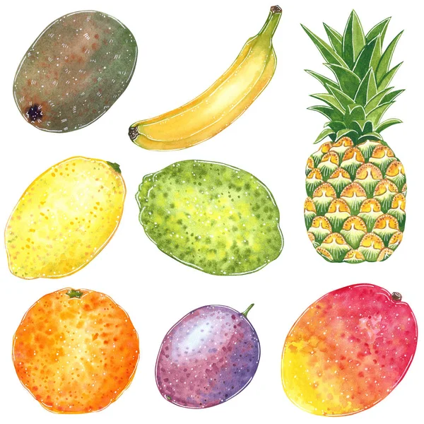 Annan Frukt Clipart Set Hand Dras Akvarell Illustration Tecknad Stil — Stockfoto