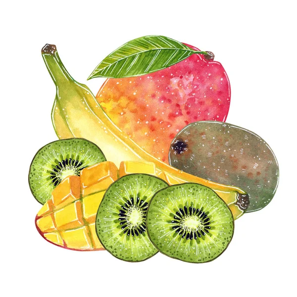 Banan Mango Och Kiwi Illustration För Sylt Saft Sommarmeny Cocktail — Stockfoto