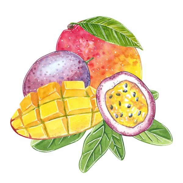 芒果和百香果插画果酱 夏季菜单 鸡尾酒食谱 手绘水彩例证 动画片样式 查出在白色 — 图库照片