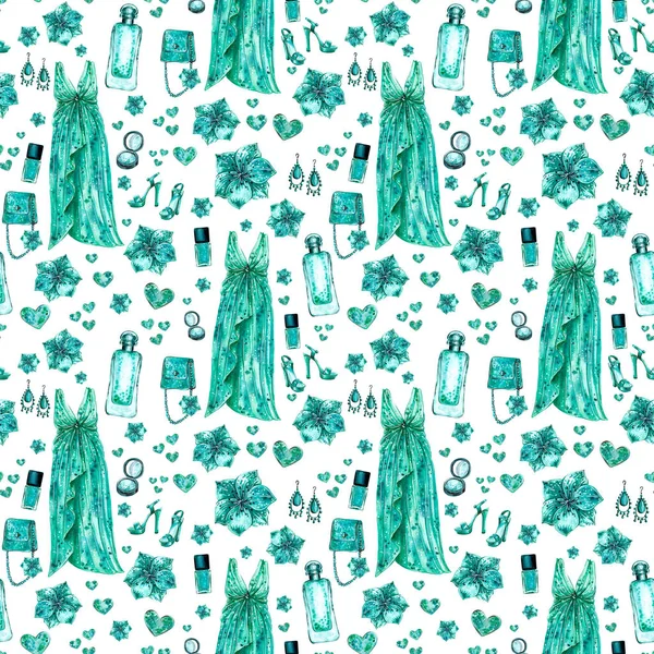드레스 액세서리 메이크업 청록색 컬러에서 손으로 그려진된 — 스톡 사진