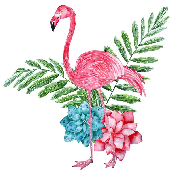 Tropical Collage Liści Kwiatów Różowe Flamingi Ilustracja Akwarela — Zdjęcie stockowe