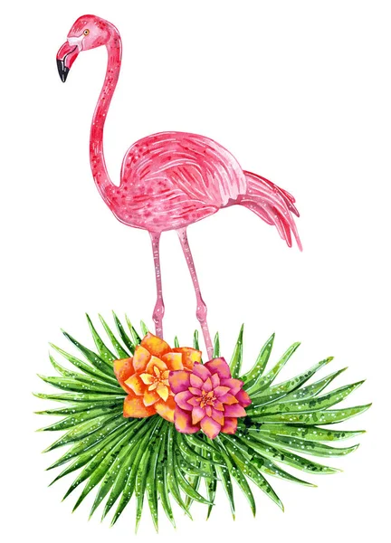 Tropical Collage Liści Kwiatów Różowe Flamingi Ilustracja Akwarela — Zdjęcie stockowe