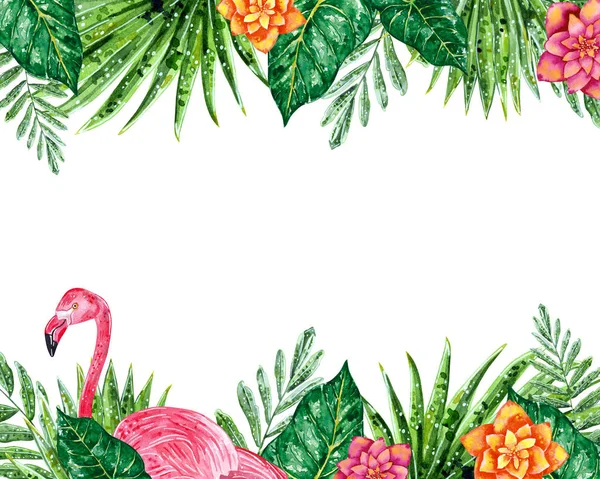 Tropical collage frame with leaves, flowers and pink flamingo. Hand drawn watercolor illustration.