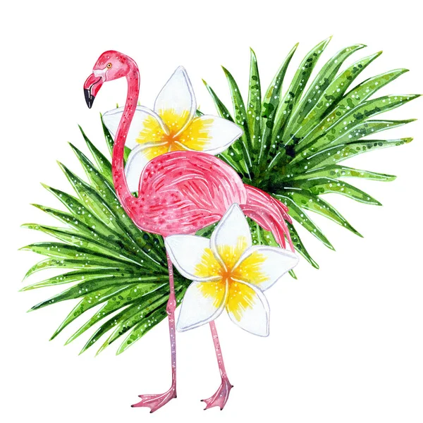 Tropical Collage Liści Kwiatów Różowe Flamingi Ilustracja Akwarela — Zdjęcie stockowe